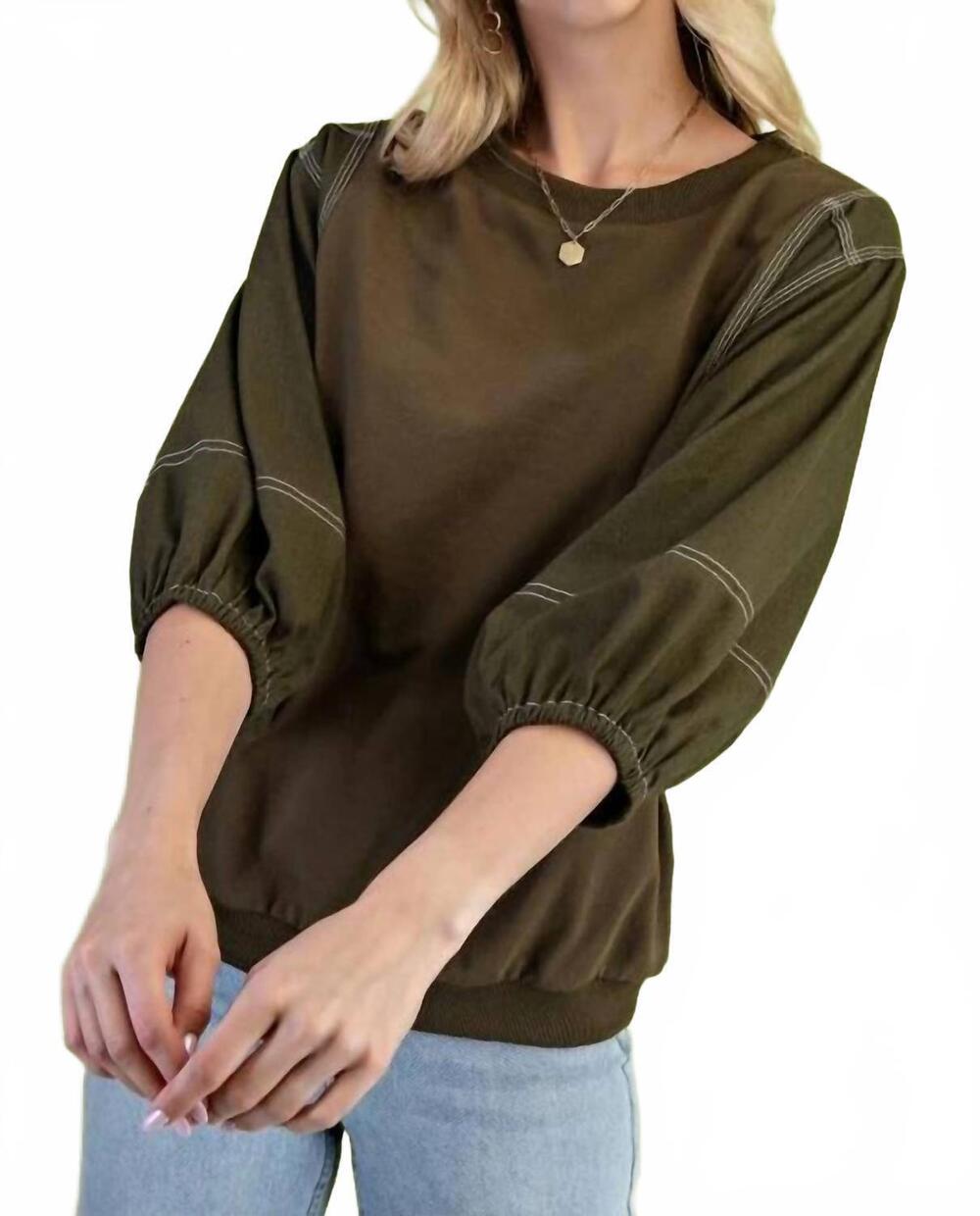 NEW GIGIO mixed fabric three quarter sleeve top in olive